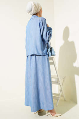 Bel Lastikli Fermuarlı Jile Elbise Takım İndigo - Thumbnail