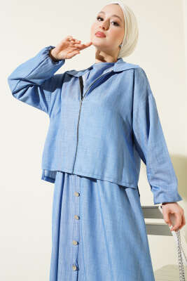 Bel Lastikli Fermuarlı Jile Elbise Takım İndigo - Thumbnail