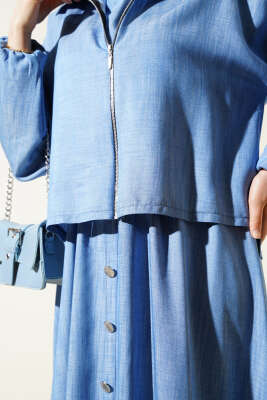 Bel Lastikli Fermuarlı Jile Elbise Takım İndigo - Thumbnail