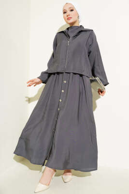 Pazarium - Bel Lastikli Düğme Detaylı Elbise Takım Füme