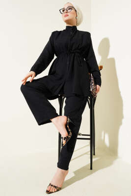 Pazarium - Bel Lastikli Düğmeli İkili Takım Siyah