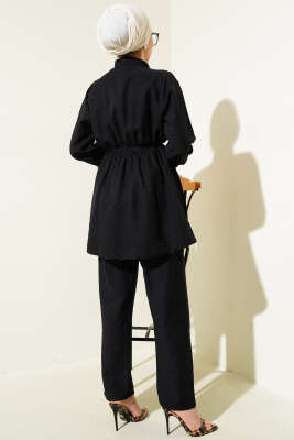 Bel Lastikli Düğmeli İkili Takım Siyah - Thumbnail