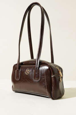 Uzun Kulplu Fermuarlı Rugan Çanta Kahve - Thumbnail