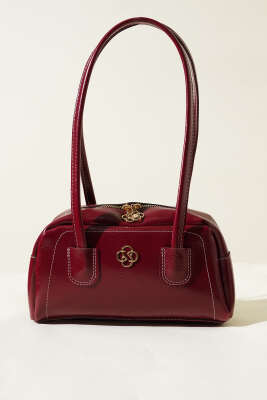 Uzun Kulplu Fermuarlı Rugan Çanta Bordo - Thumbnail