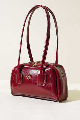 Uzun Kulplu Fermuarlı Rugan Çanta Bordo - Thumbnail