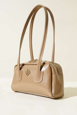 Uzun Kulplu Fermuarlı Rugan Çanta Bej - Thumbnail