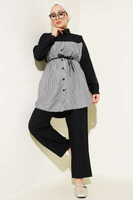 Pazarium - Önü Çizgi Garnili İp Kuşaklı İkili Takım Siyah