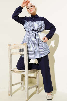 Önü Çizgi Garnili İp Kuşaklı İkili Takım Lacivert - Thumbnail