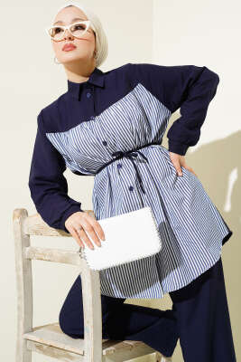 Önü Çizgi Garnili İp Kuşaklı İkili Takım Lacivert - Thumbnail