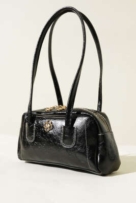 Uzun Kulplu Fermuarlı Rugan Çanta Siyah - Thumbnail