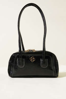 Uzun Kulplu Fermuarlı Rugan Çanta Siyah - Thumbnail