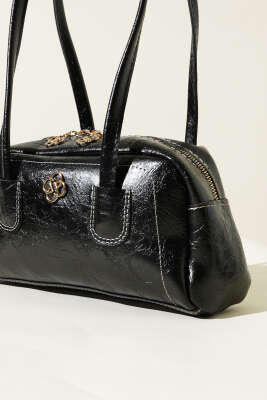 Uzun Kulplu Fermuarlı Rugan Çanta Siyah - Thumbnail