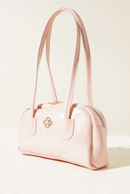 Uzun Kulplu Fermuarlı Rugan Çanta Pudra - Thumbnail