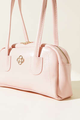 Uzun Kulplu Fermuarlı Rugan Çanta Pudra - Thumbnail