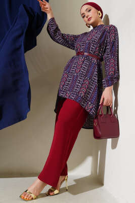 Pazarium - Desenli Kemerli Tunik İkili Takım Mürdüm