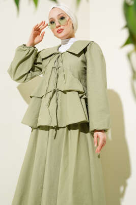 Önü İp Bağlamalı Bluzlu Etekli İkili Takım Çağla Yeşili - Thumbnail