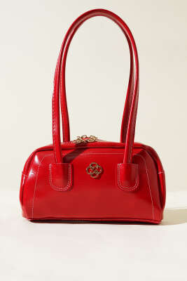 Uzun Kulplu Fermuarlı Rugan Çanta Kırmızı - Thumbnail