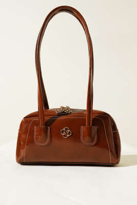 Uzun Kulplu Fermuarlı Rugan Çanta Taba - Thumbnail