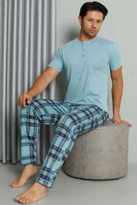 Pazarium - Ekose Baskılı Düğmeli Kısa Kol Pijama Takım Mint