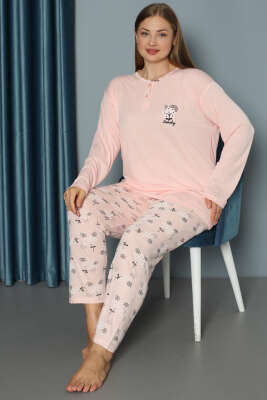 Pazarium - Çiçek Baskılı Düğmeli Büyük Beden Pijama Takım Yavru Ağzı