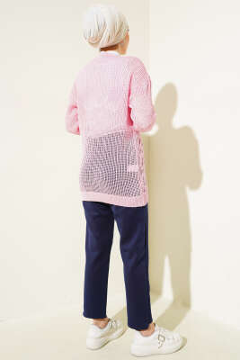 Kabartma Desenli Bağcıklı Triko Hırka Pembe - Thumbnail