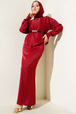 Kemerli Saten Kalem Etek İkili Takım Bordo - Thumbnail