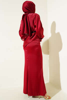 Kemerli Saten Kalem Etek İkili Takım Bordo - Thumbnail