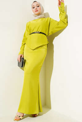 Pazarium - Kemerli Saten Kalem Etek İkili Takım Yağ Yeşili