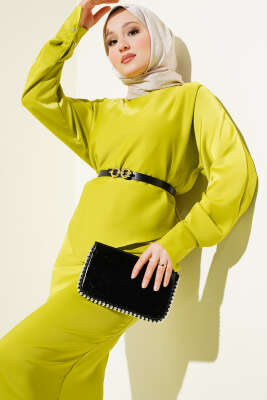 Kemerli Saten Kalem Etek İkili Takım Yağ Yeşili - Thumbnail