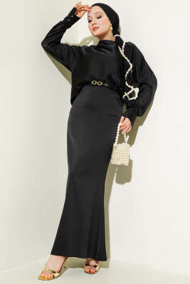 Kemerli Saten Kalem Etek İkili Takım Siyah - Thumbnail