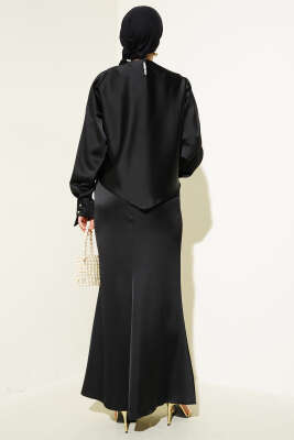 Kemerli Saten Kalem Etek İkili Takım Siyah - Thumbnail