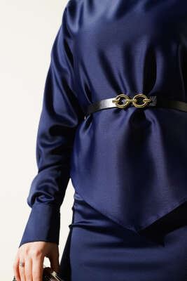 Kemerli Saten Kalem Etek İkili Takım Lacivert - Thumbnail