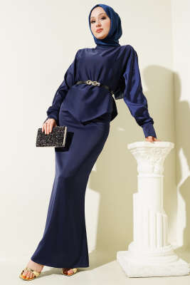 Kemerli Saten Kalem Etek İkili Takım Lacivert - Thumbnail