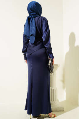 Kemerli Saten Kalem Etek İkili Takım Lacivert - Thumbnail