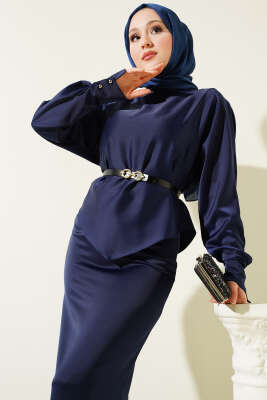 Kemerli Saten Kalem Etek İkili Takım Lacivert - Thumbnail