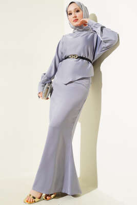 Kemerli Saten Kalem Etek İkili Takım Gri - Thumbnail