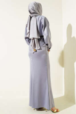 Kemerli Saten Kalem Etek İkili Takım Gri - Thumbnail