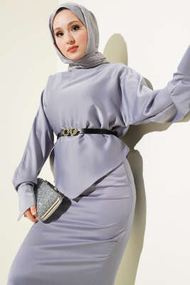 Kemerli Saten Kalem Etek İkili Takım Gri - Thumbnail