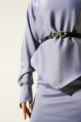 Kemerli Saten Kalem Etek İkili Takım Gri - Thumbnail