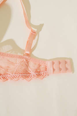 Çiçek Desenli Dantelli Destekli Sütyen Somon - Thumbnail