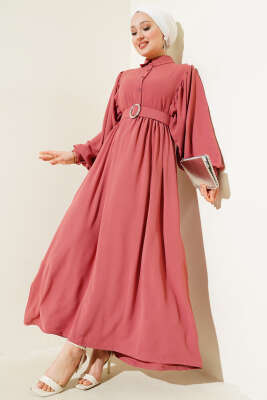 Pazarium - Yarım Düğmeli Balon Kol Kemerli Elbise Gül Kurusu