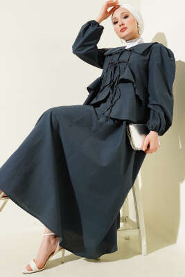 Pazarium - Önü İp Bağlamalı Bluzlu Etekli İkili Takım Füme