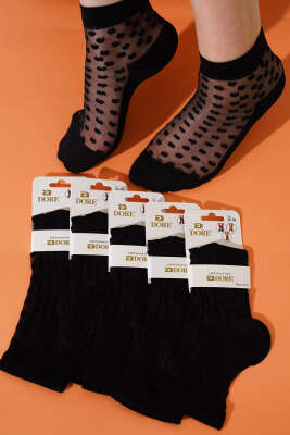 Pazarium - Bayan 6'lı Transparan Detaylı Soket Çorap Siyah