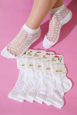 Pazarium - Bayan 6'lı Transparan Detaylı Soket Çorap Beyaz