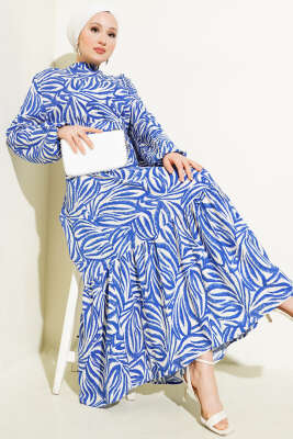 Pazarium - Yaprak Desenli Kuşaklı Viskon Elbise Saks