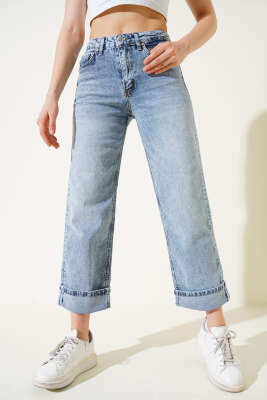 Pazarium - Paça Katlı Kot Pantolon Kot Buz Mavi