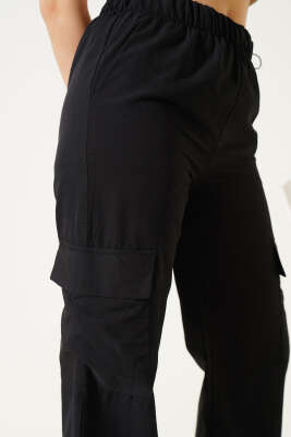 Bel Ve Paça Lastikli Kargo Cep Paraşüt Pantolon Siyah - Thumbnail