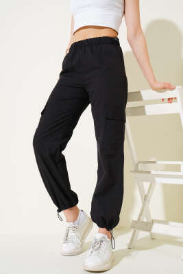 Bel Ve Paça Lastikli Kargo Cep Paraşüt Pantolon Siyah - Thumbnail