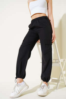 Bel Ve Paça Lastikli Kargo Cep Paraşüt Pantolon Siyah - Thumbnail