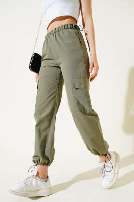 Bel Ve Paça Lastikli Kargo Cep Paraşüt Pantolon Haki - Thumbnail